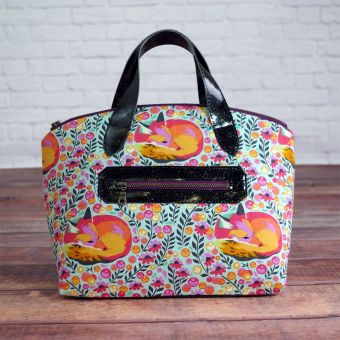 Lola Domed Handbag, mad in Tula Pink fox fabric with glitter vinyl accents