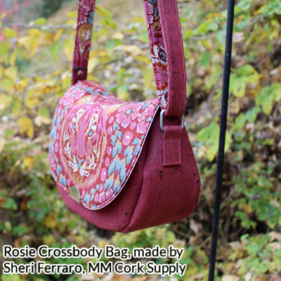 Rosie Crossbody Bag from Swoon Patterns, made by Sheri Ferraro from MM Cork Supply in pink cork and Tula Pink tiger fabric