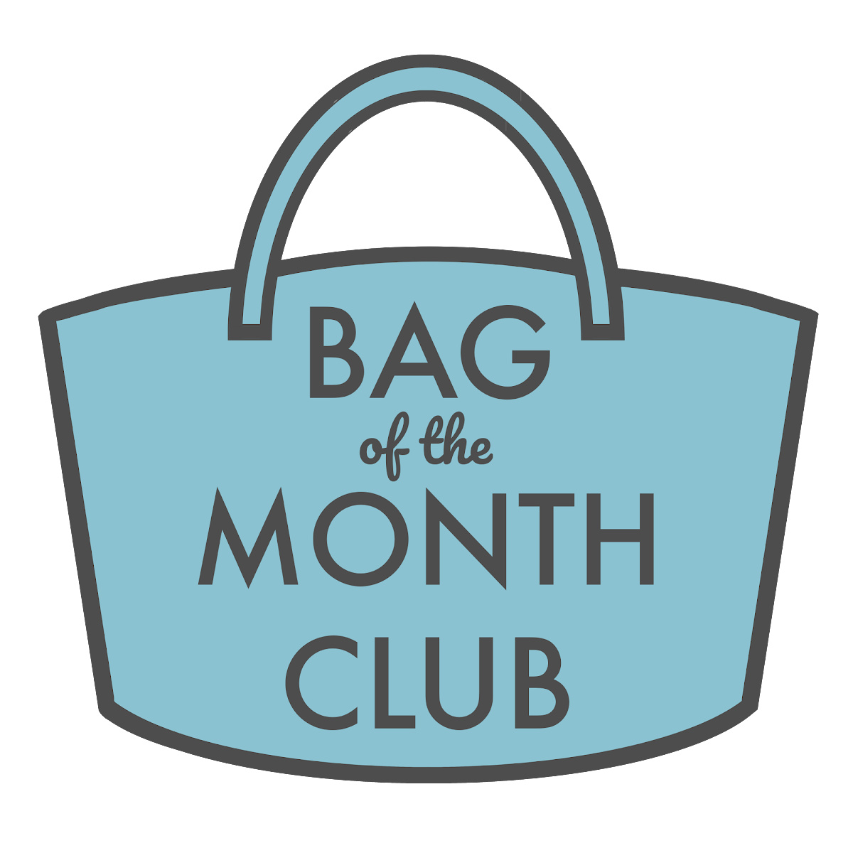 A blue bag silhouette with grey text reading 'Bag of the Month Club'