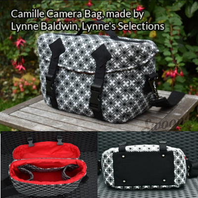 Camille Camera Bag made by Lynne Baldwin from Lynne's Selections in black and white fabric with a red lining