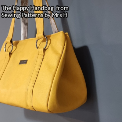 The Happy Handbag from Sewing Patterns by Mrs H made in mustard yellow Emmaline Bags faux leather