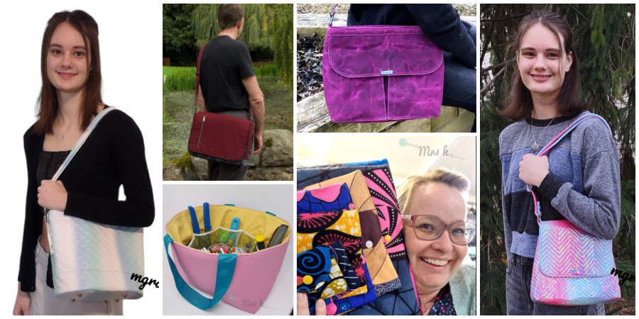 Awesome Oval Bag in pastel colours. Morgan Messenger Bag in burgundy. Tidy Tote in pink. Midi Bag in dark pink. Pickle Pouches in colourful ankara wax fabrics. Sophisticated Sling in pink and blue.